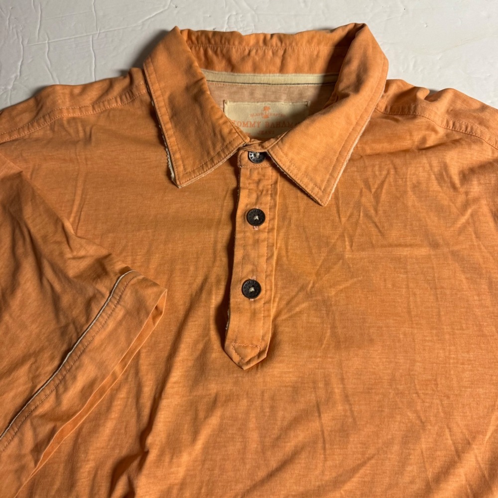 Tommy Bahama Jeans Mens XL Orange Cotton Short Sleeve Polo Shirt Pigment Printed